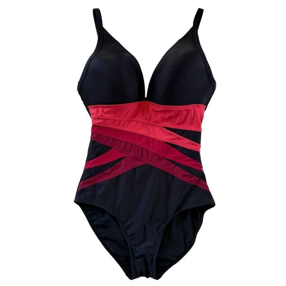 FantaSizer Slimming One Piece Swimsuit Red Pink Black Waist Trimming size 10 - Picture 1 of 9